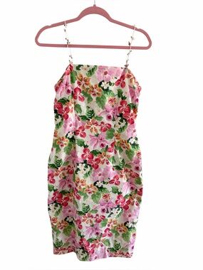 Vintage Cache floral slim fitted sheath dress  with rosette spaghetti straps
